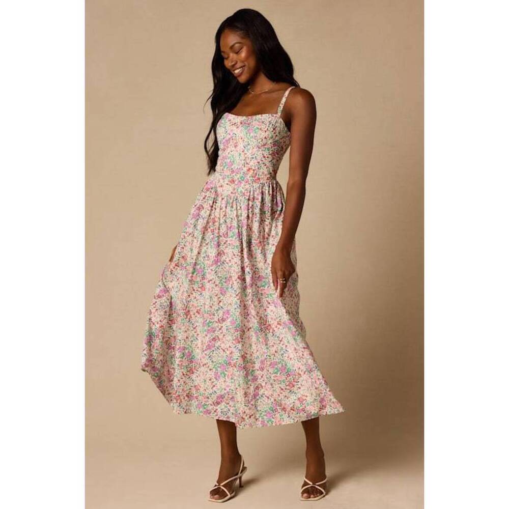 Lulus Dinette Ivory Multi Floral Basque Waist Midi Dress White - Size L